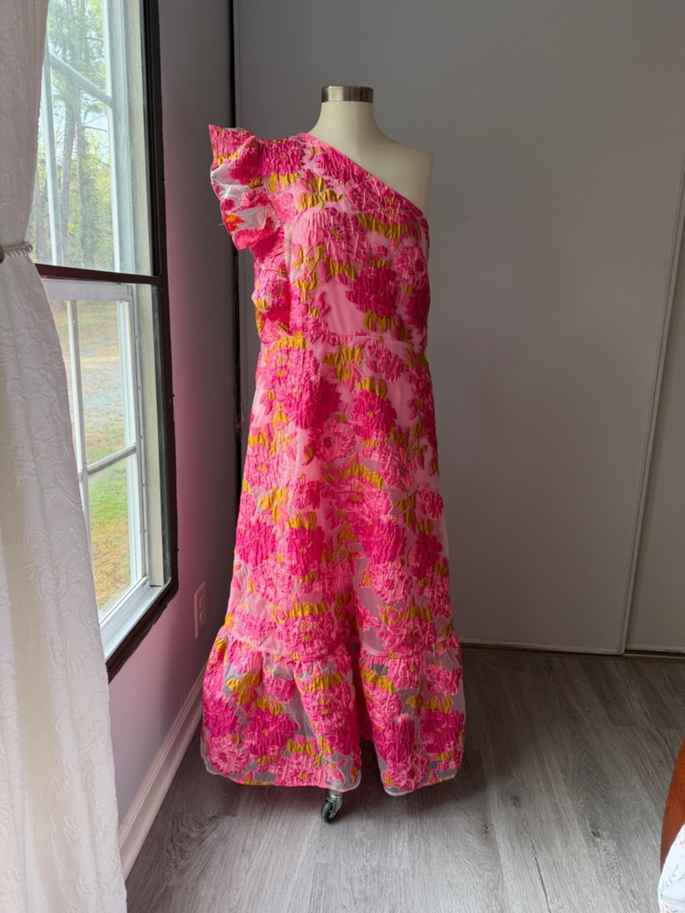 One-Shoulder Pink Floral Maxi Dress with Ruffle Sleeve